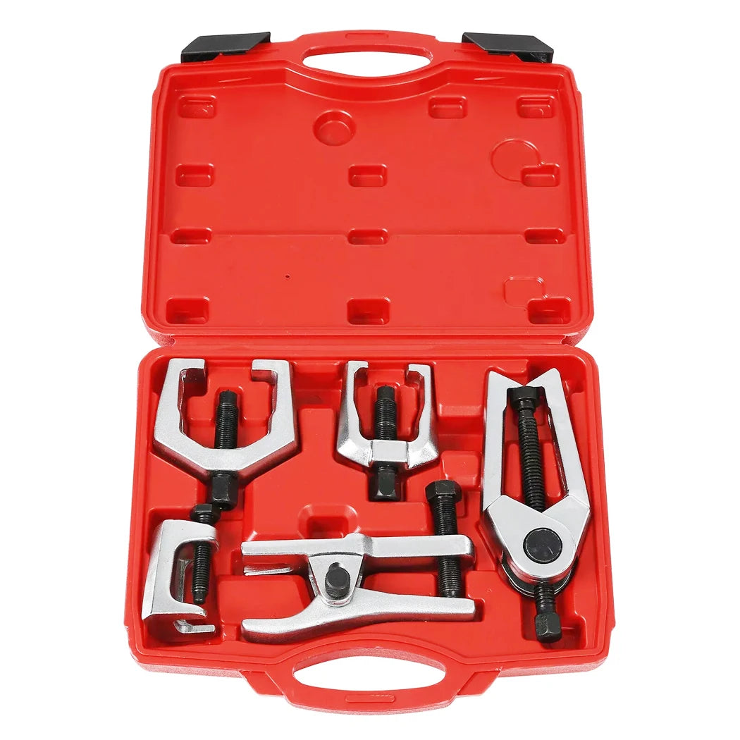 Front End Puller Kit displayed open in its Racing Red moulded carry case, five forged steel ball joint, tie rod and pitman arm pullers nested inside.