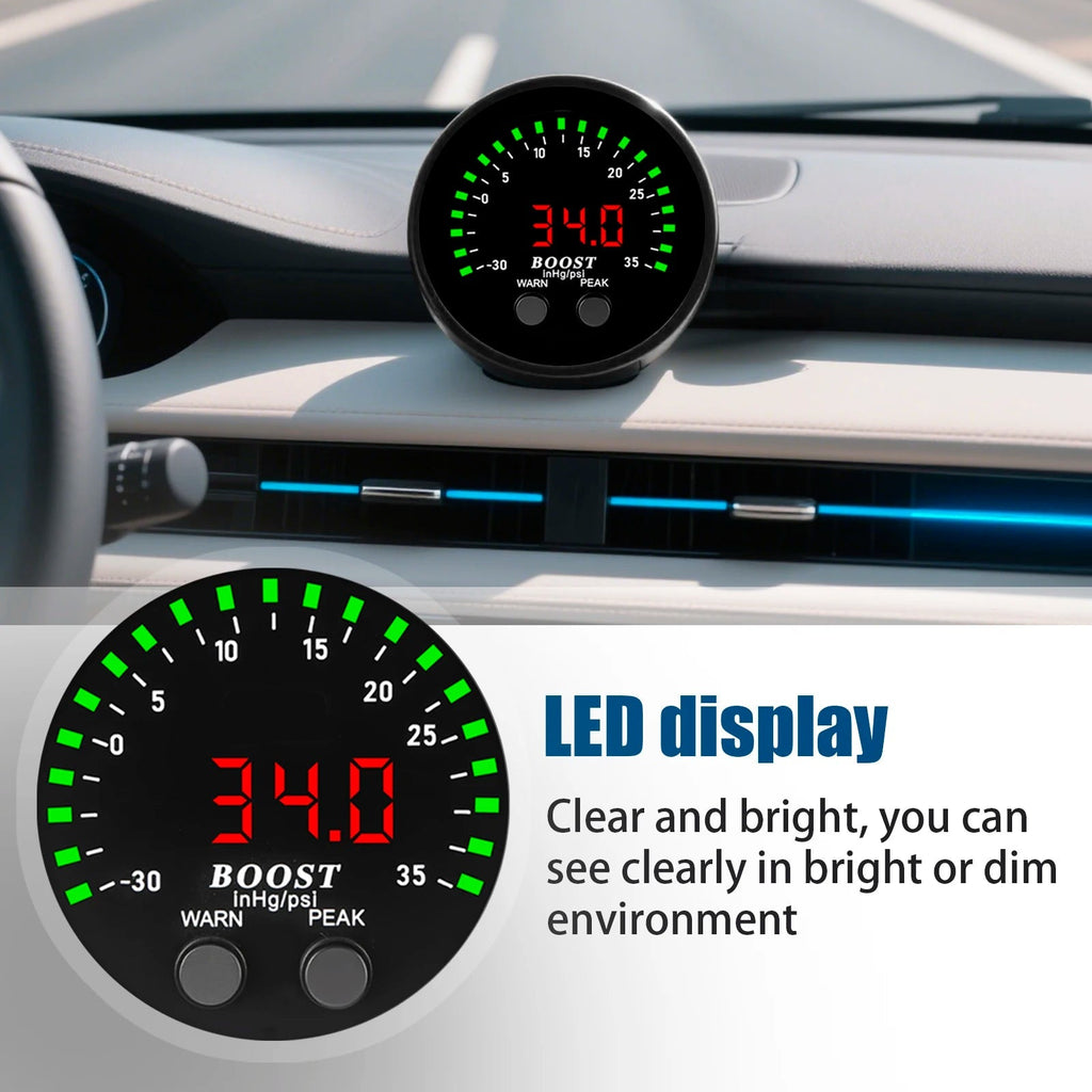Digital Turbo Boost Gauge mounted on a car dashboard, showing a bright red 34.0 psi LED reading with green sweep indicator