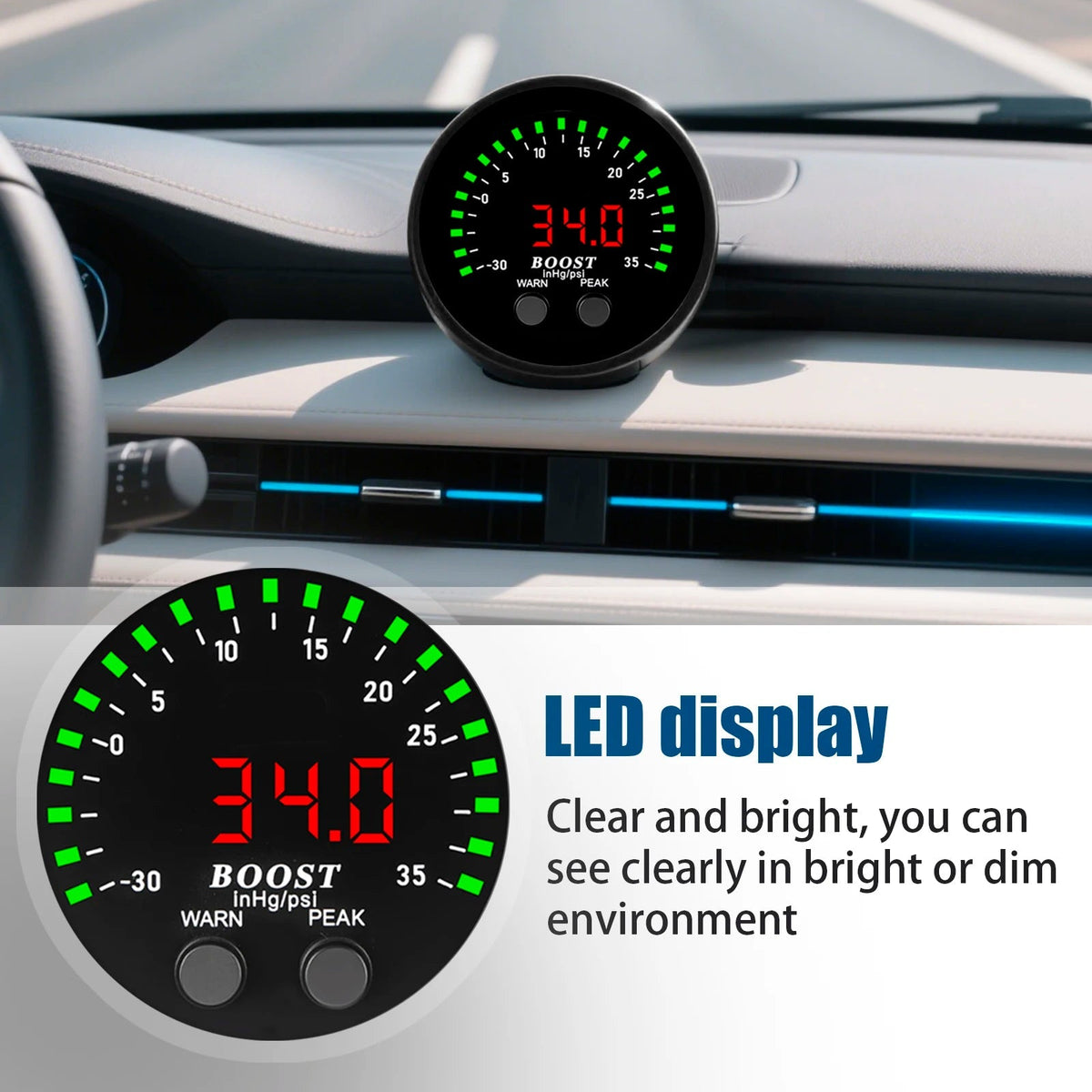 Digital Turbo Boost Gauge mounted on a car dashboard, showing a bright red 34.0 psi LED reading with green sweep indicator