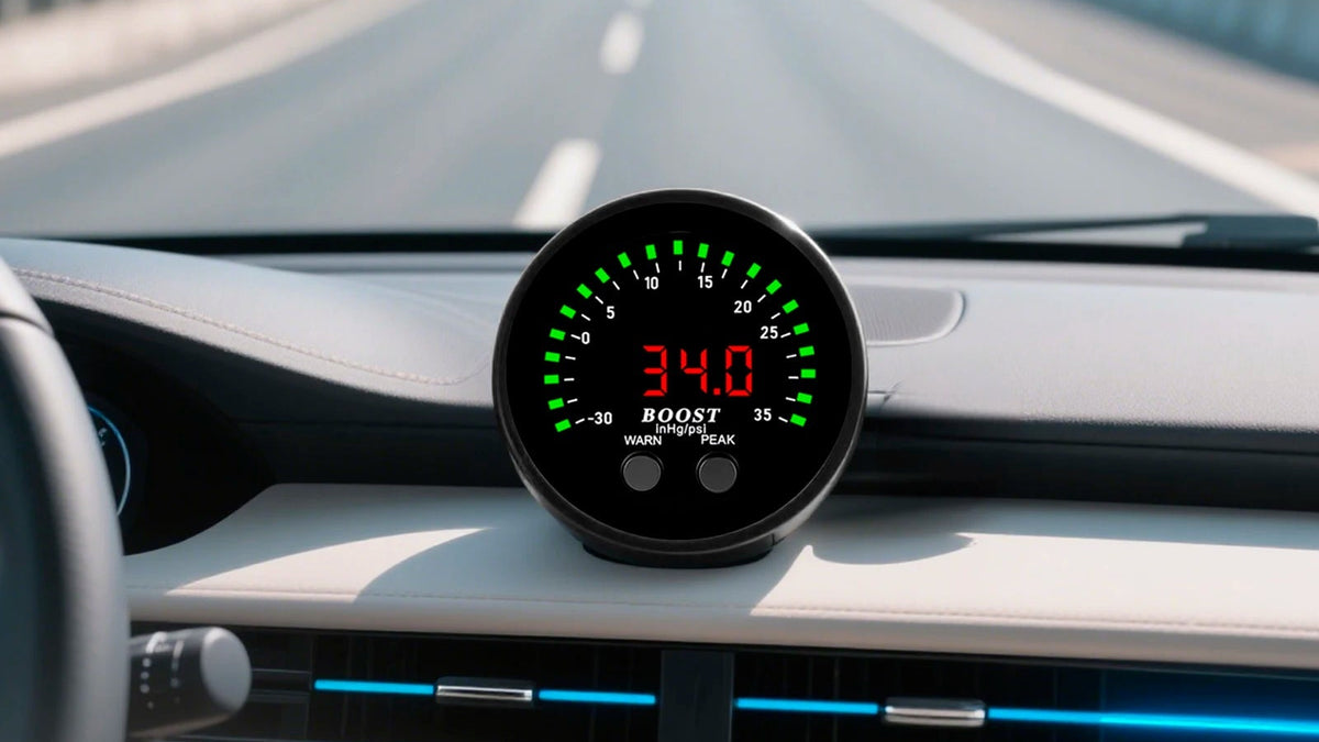 A circular car dashboard gauge with a black face, green needle markings, and a red LED display reading 34.0, shown mounted on a car dashboard.