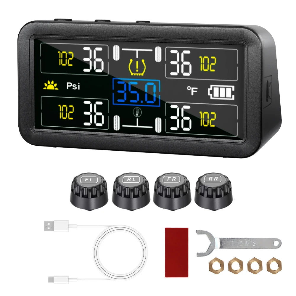 4WD & Caravan Tyre Monitor four-tyre kit with colour display, four FL FR RL RR valve cap sensors, USB cable, adhesive pad, wrench and lock nuts