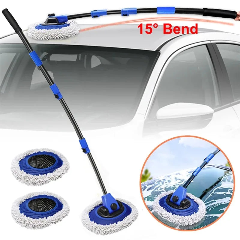 Telescopic Chenille Wash Brush with a 15 degree bend cleaning a car windscreen, shown with two spare chenille mop heads