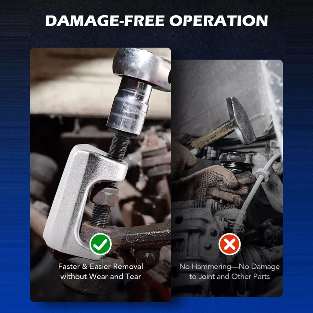 Before-and-after graphic for the Front End Puller Kit: damage-free puller removal marked with a green tick versus hammer-based removal marked with a red cross.