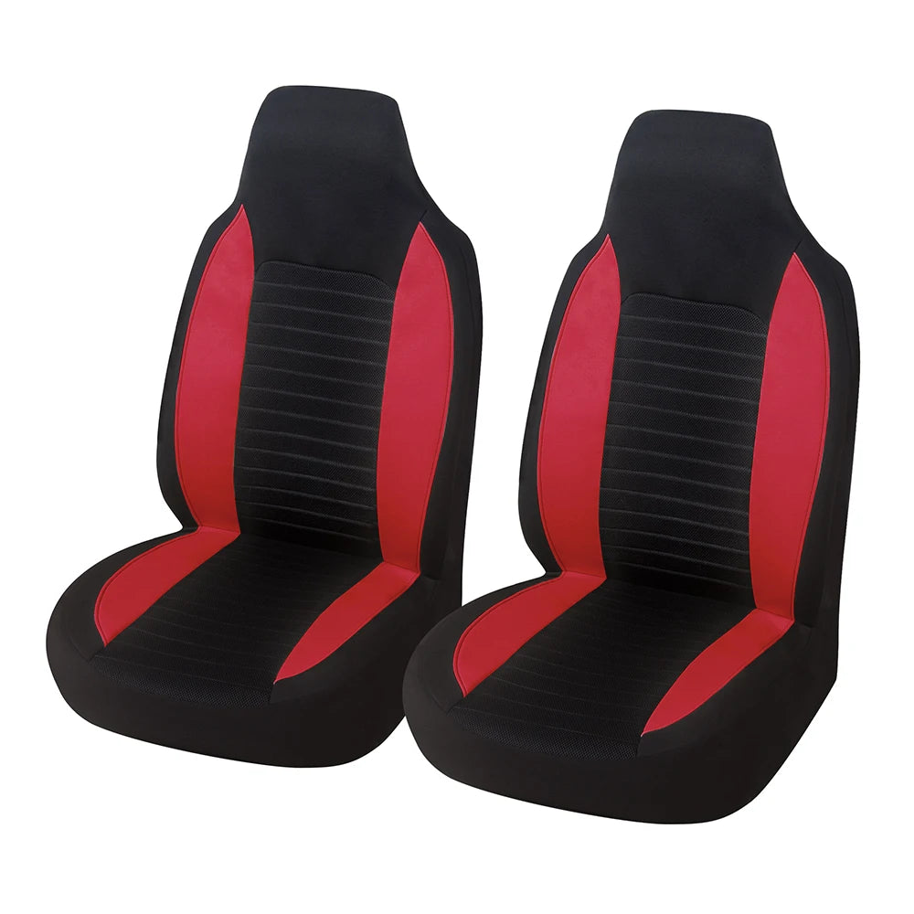 Pair of red and black front bucket seat covers shown on a white background