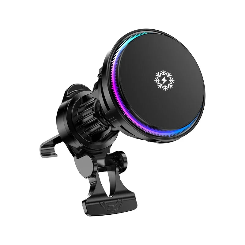 Magnetic Wireless Car Charger on a white background, showing the charging disc, LED ring and air vent mount clamp.
