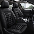 Black Leather Car Seat Cover installed on car front seats with ribbed diamond stitched backrest viewed through open door
