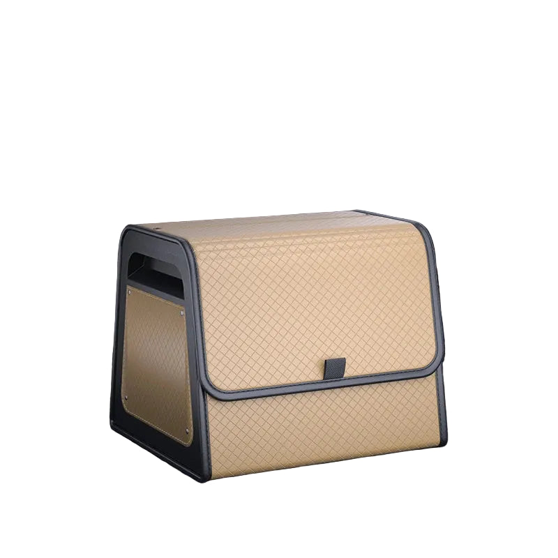 Beige boot organiser with black trim on a car's open trunk.