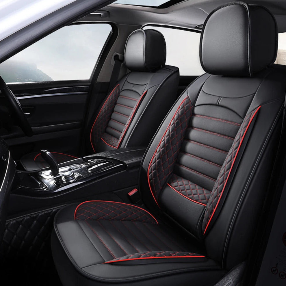 Modern Ribbed Leather Seat Covers with red stitching installed in a car interior