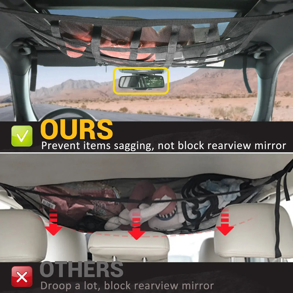 Comparison of roof cargo net that prevents sagging versus a competitor net blocking the rearview mirror