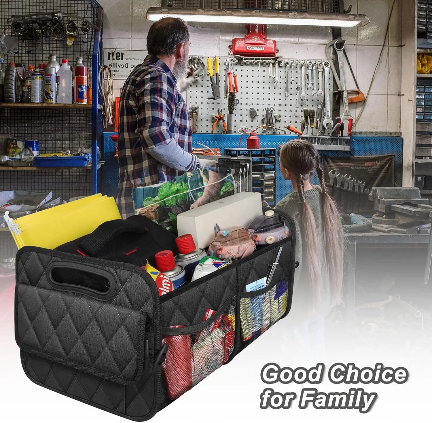 Waterproof Car Boot Organiser filled with tools and supplies in a home garage, described as a good choice for family use