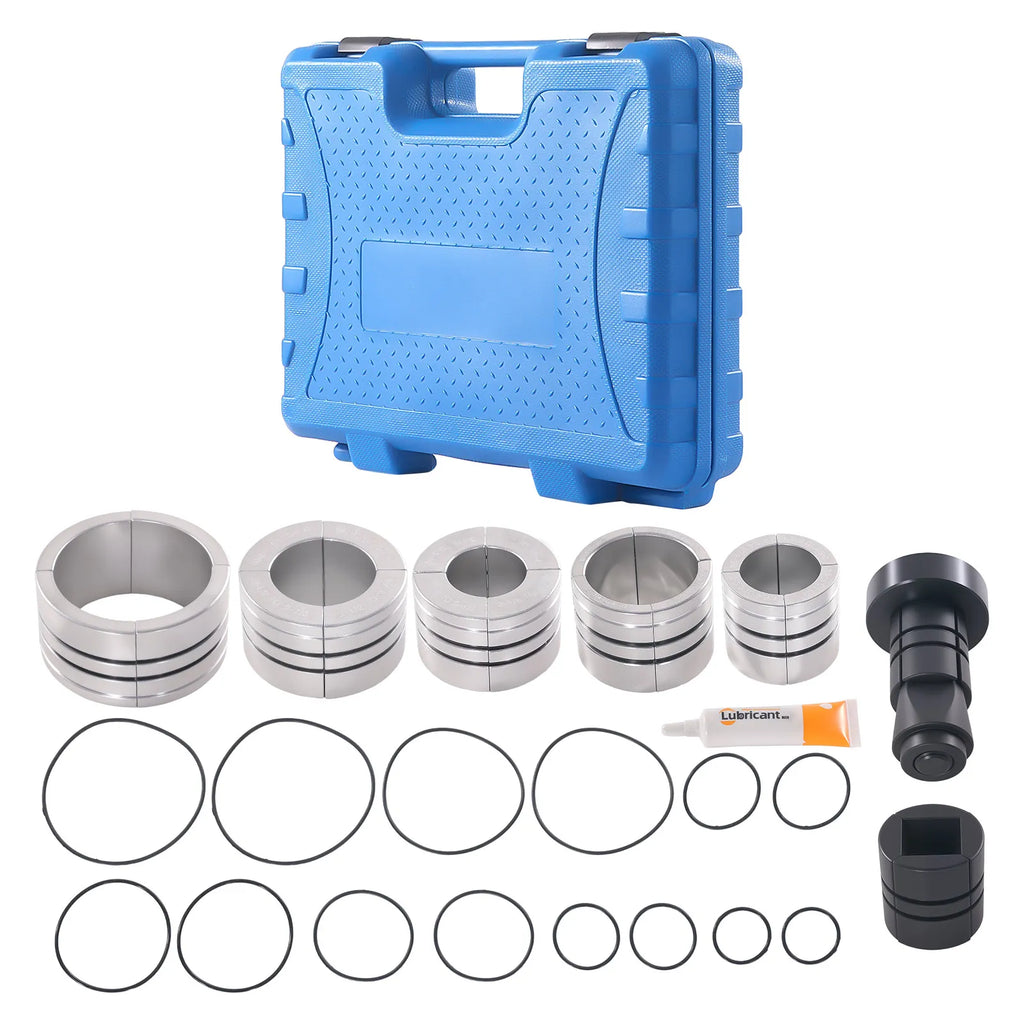 Exhaust Pipe Expander Kit with blue carry case, five aluminium expander rings, mandrel, drive adaptor, O-rings and lubricant