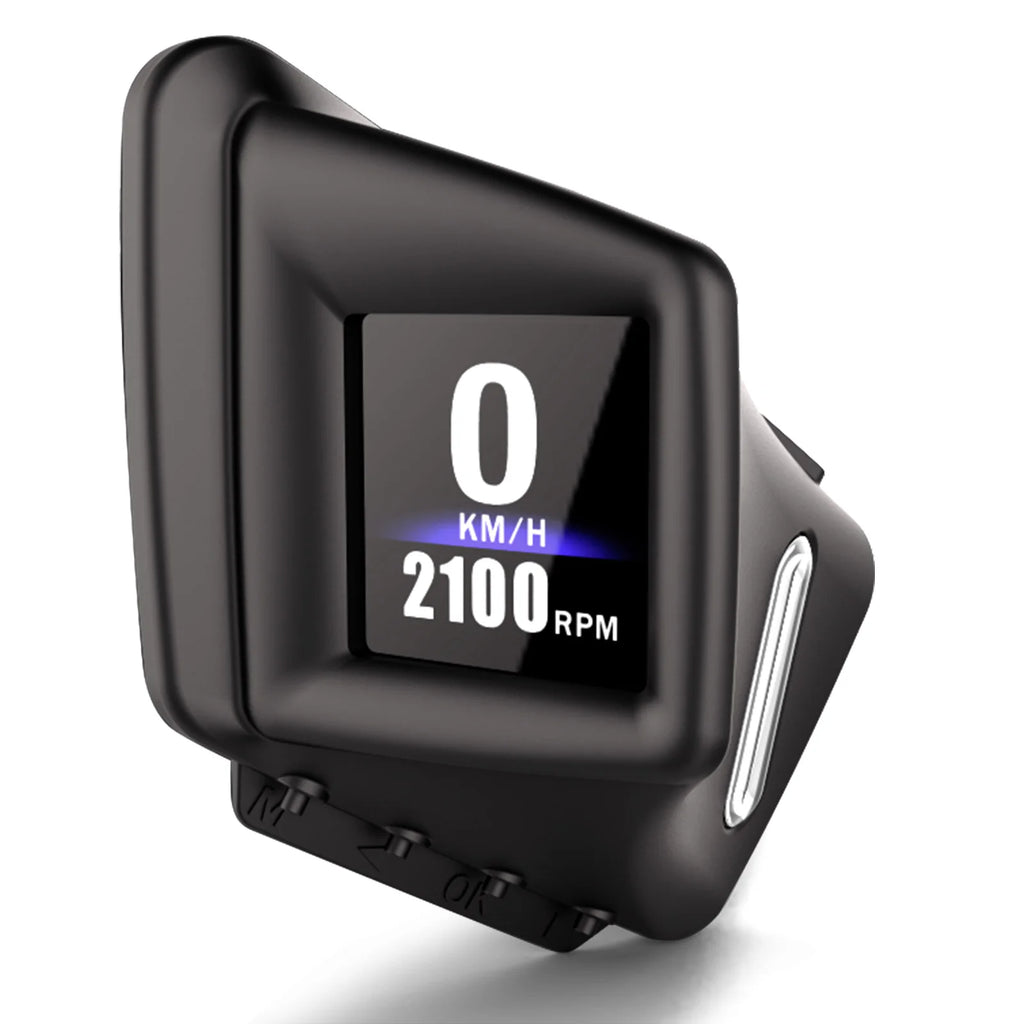 A-Pillar OBD2 GPS Gauge in black showing 0 km/h and 2100 RPM on a colour display on white background