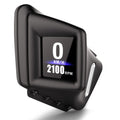 A-Pillar OBD2 GPS Gauge in black showing 0 km/h and 2100 RPM on a colour display on white background