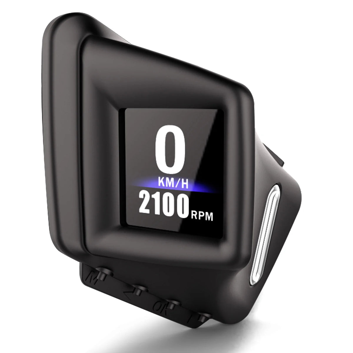 A-Pillar OBD2 GPS Gauge in black showing 0 km/h and 2100 RPM on a colour display on white background