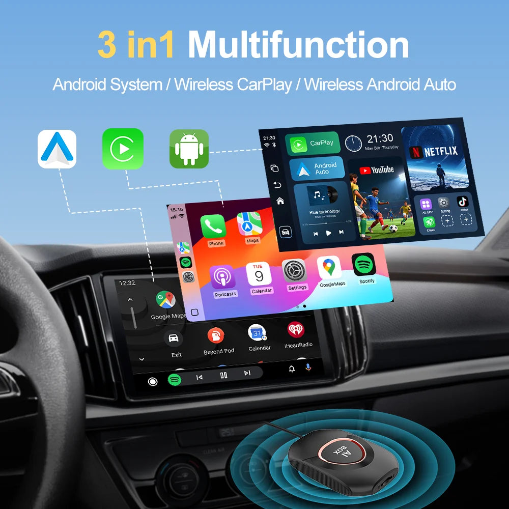 3 in 1 multifunction wireless CarPlay, Android Auto and Android system shown with dashboard app screens