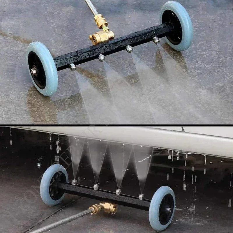 Underbody pressure washer wand spraying multiple jets of water up into a car's chassis to clear mud and grime