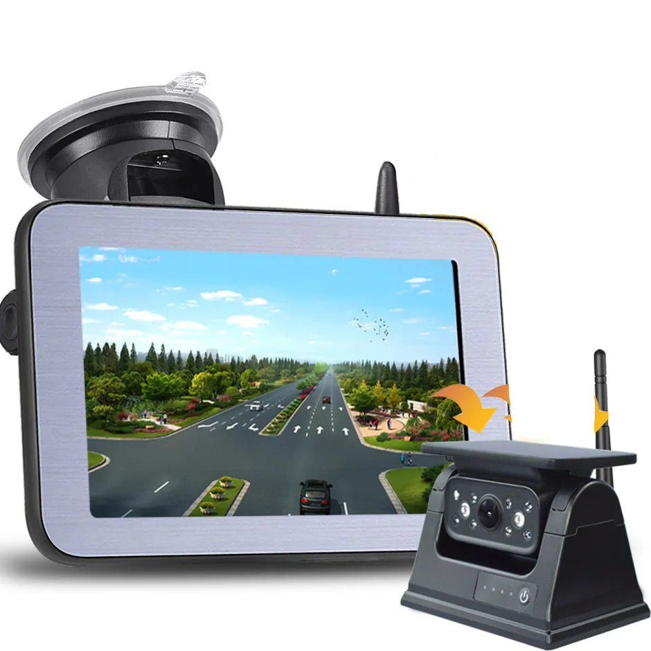 Solar Reversing Camera Kit with 5-inch suction-mount monitor and solar-powered wireless reversing camera
