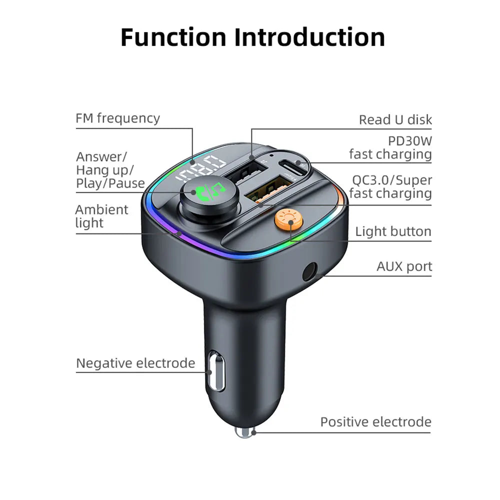 Labelled function introduction diagram of the Bluetooth Car FM Transmitter showing FM frequency, answer and hang up, and light buttons.