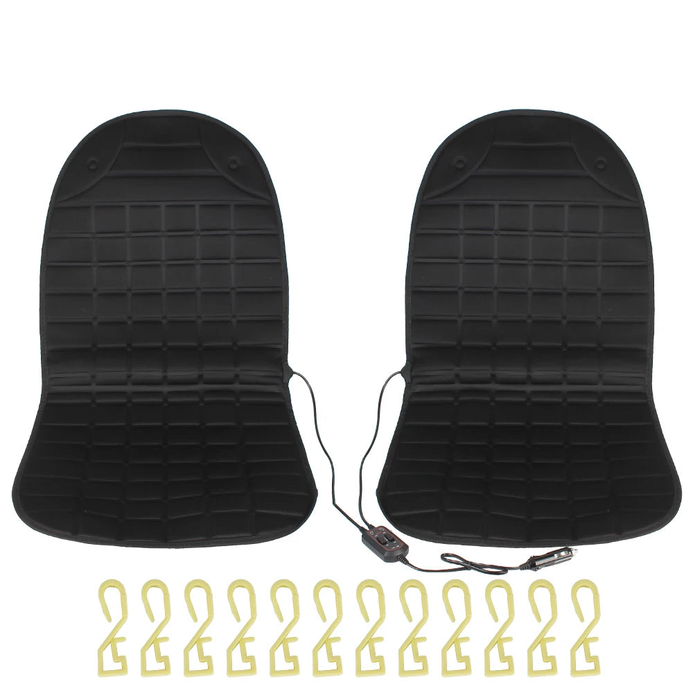 Two 12V heated car seat cushions with shared cigarette lighter plug, dual seat set on a white background