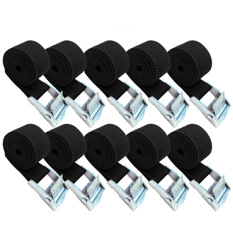 Ten black cam buckle cargo straps with metal cam buckles, rolled and arranged in two rows