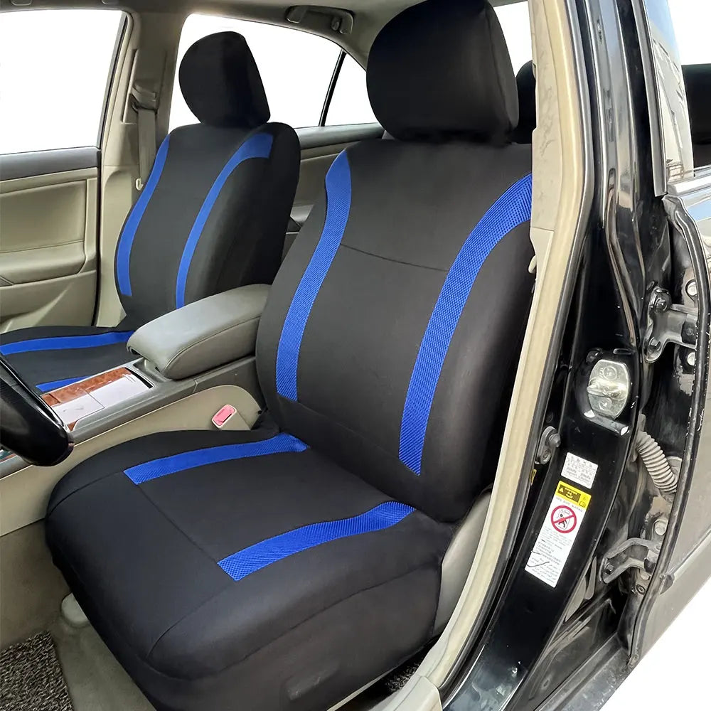 Black and blue trim Breathable Mesh Seat Cover installed on car front seats viewed through open door with dashboard and steering wheel visible