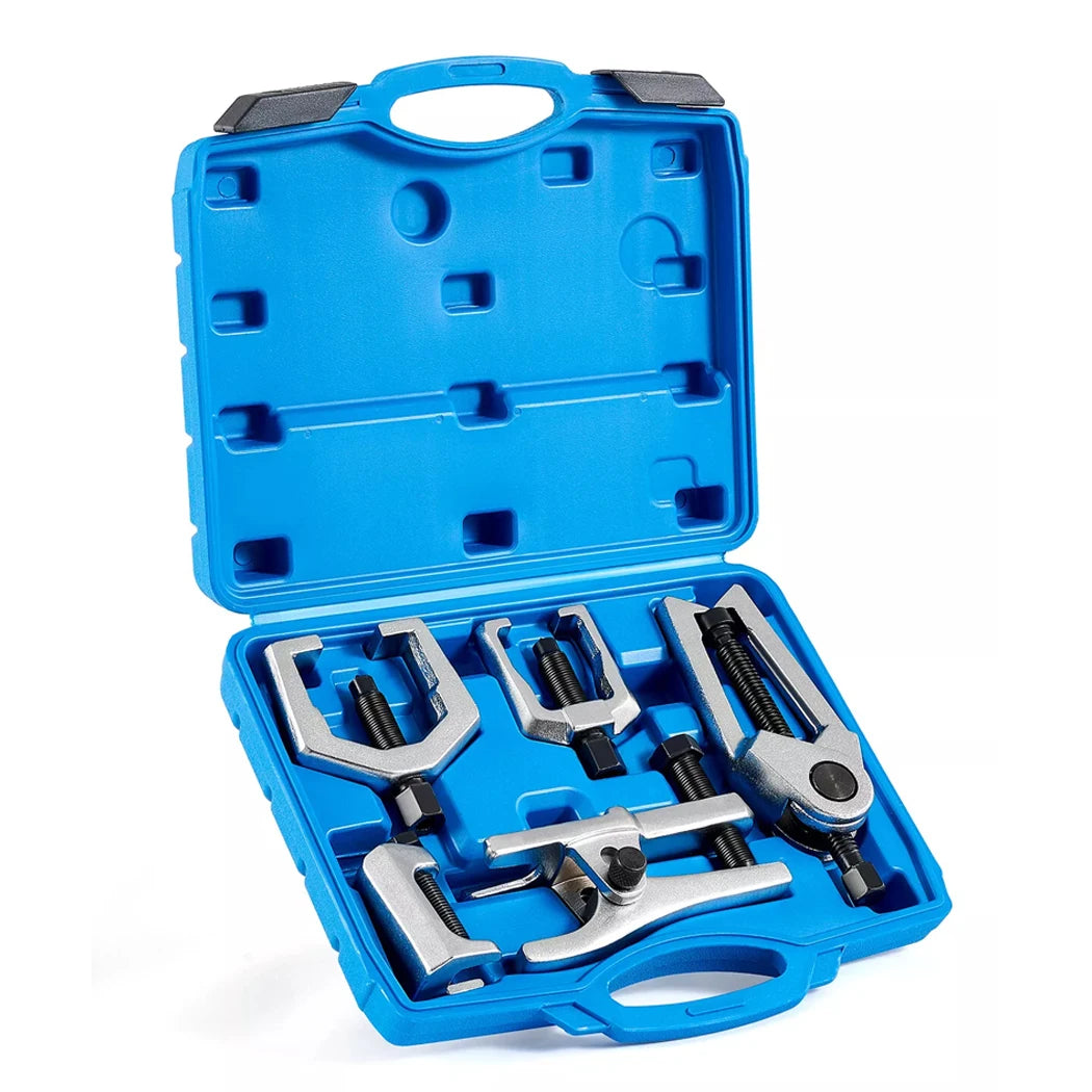 Front End Puller Kit six-piece set displayed open in its cobalt blue moulded carry case, five forged steel pullers nested inside, white background.