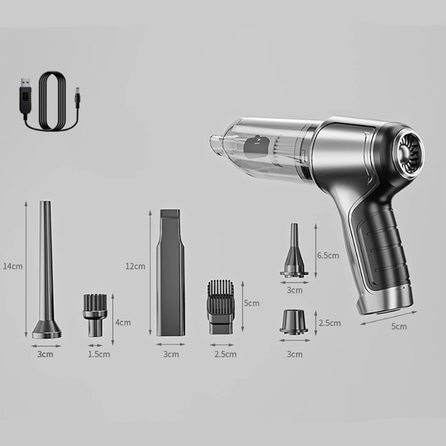 Hair dryer with attachments and measurements on a gray background