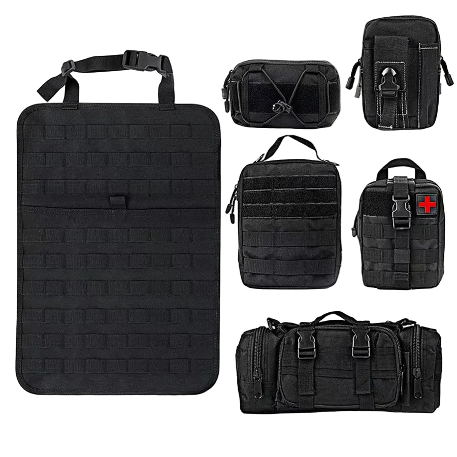 Heavy-Duty Car Back Seat Organiser tactical hanging storage bag set in black 600D Oxford fabric, shown on a plain white background.