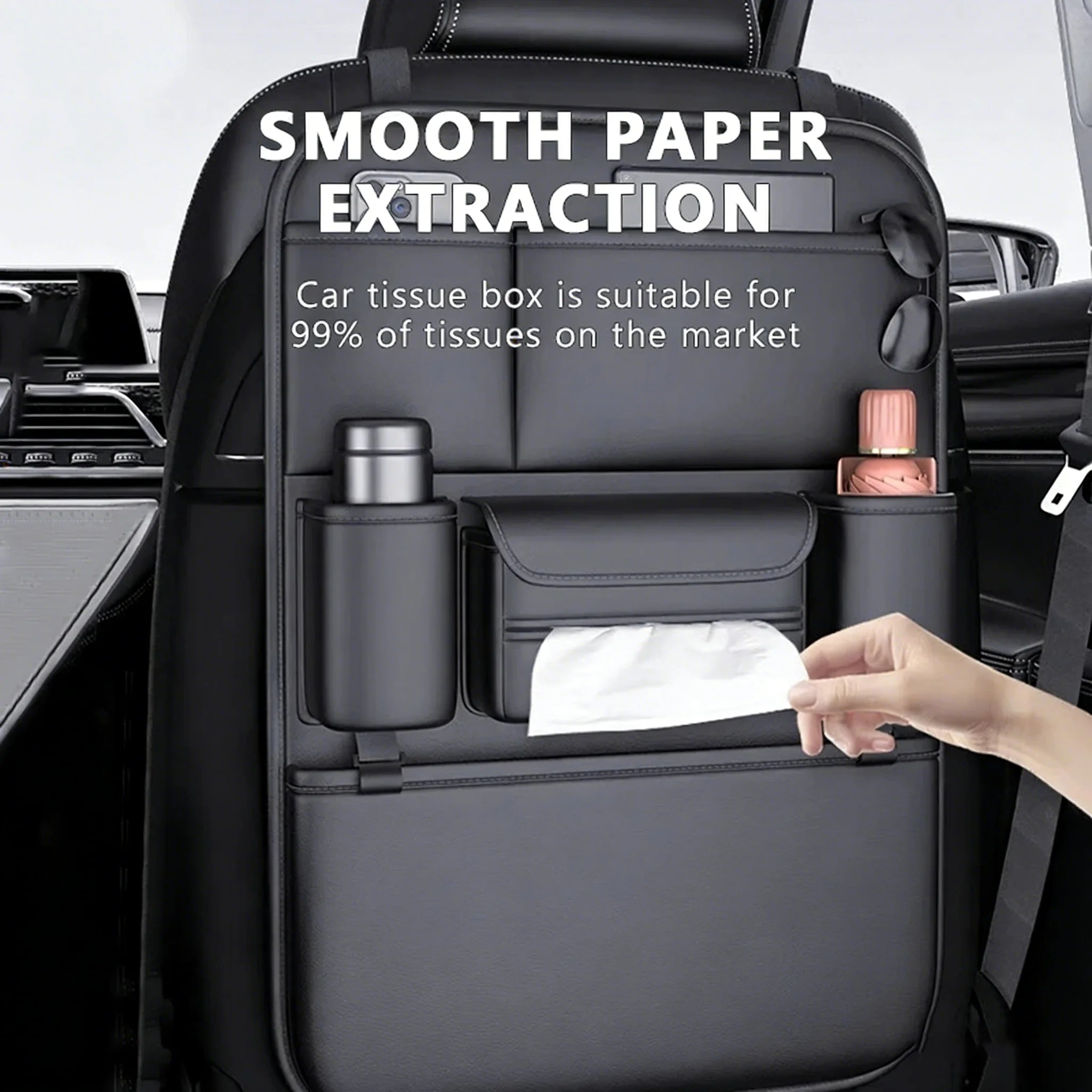 Car backseat organiser tissue pocket allowing smooth paper extraction suitable for most tissue box sizes