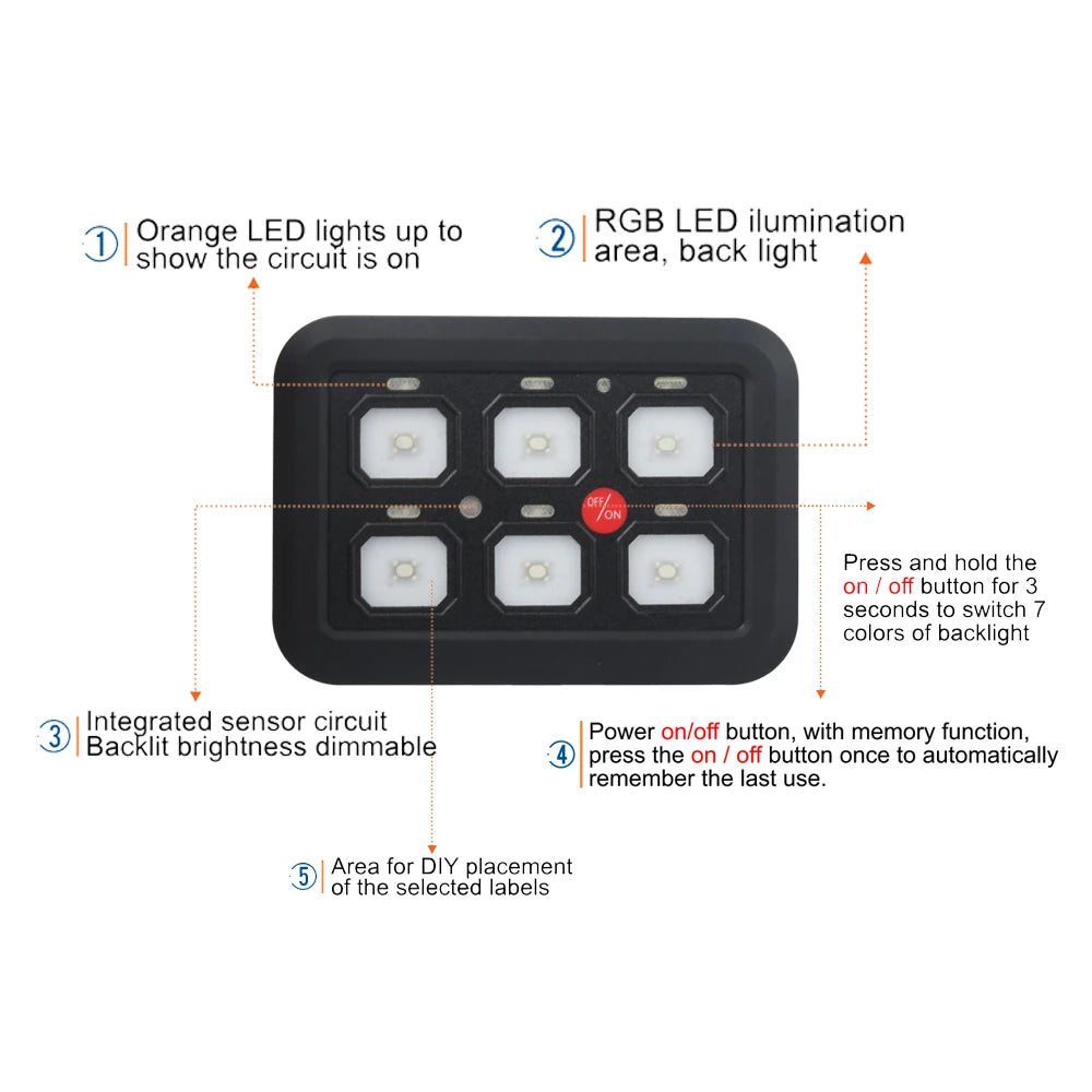 6-Gang Touch Switch Panel features diagram showing circuit indicator lights, RGB backlight, dimmable brightness and on/off button with memory