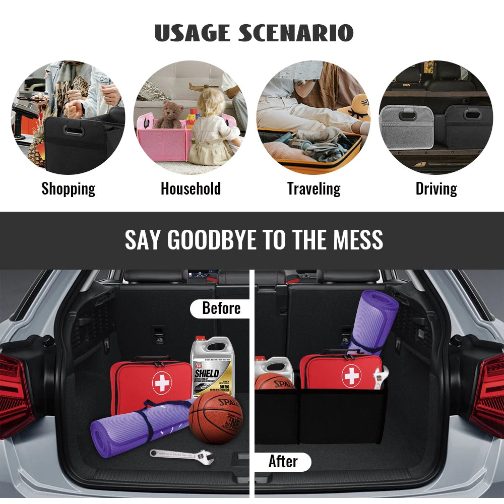 Foldable trunk organiser usage scenarios for shopping, household, travelling and driving with before and after mess comparison