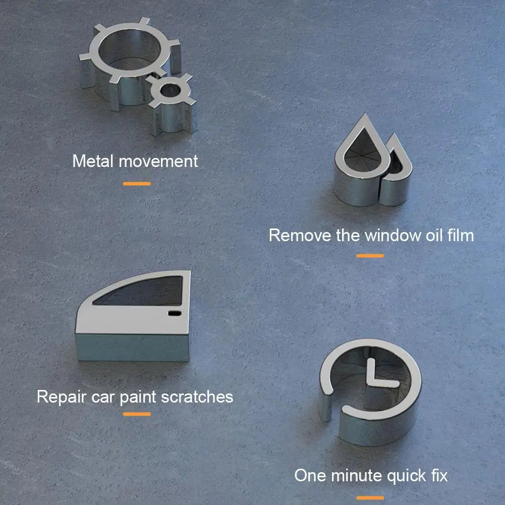 Four icon graphic explaining the Scratch Repair Polishing Tool's metal movement, window oil film removal, paint scratch repair and one minute quick fix functions