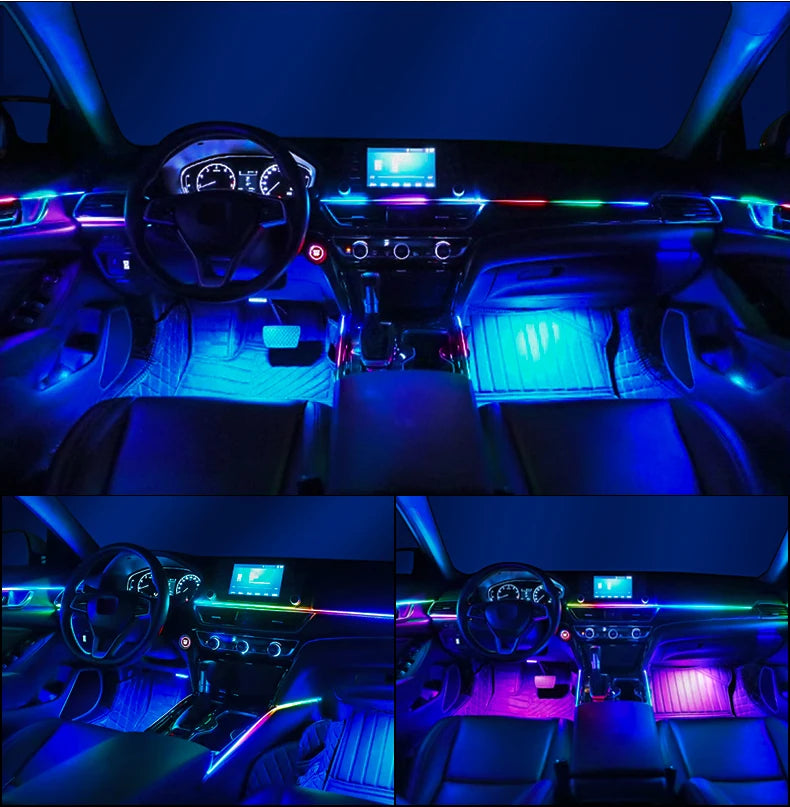 Dual-Zone Ambient Light Kit lighting a car dashboard, centre console and footwells in blue and multicolour