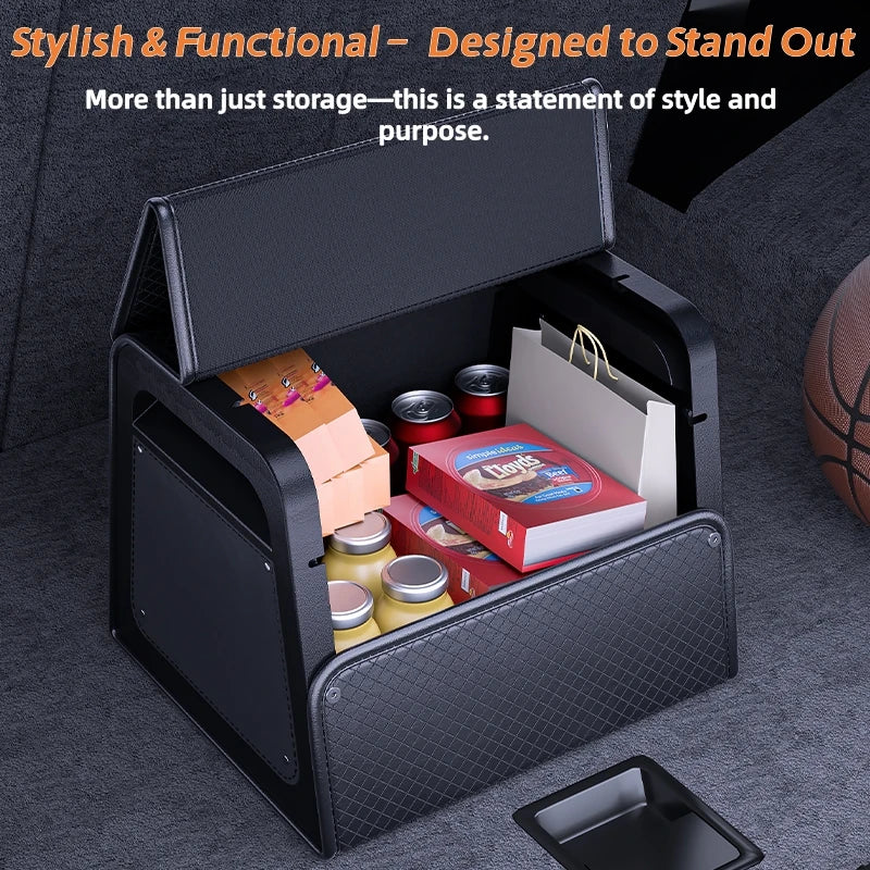 Magnetic Leather Boot Organiser open and filled with grocery items, a gift bag and books, described as stylish and functional storage