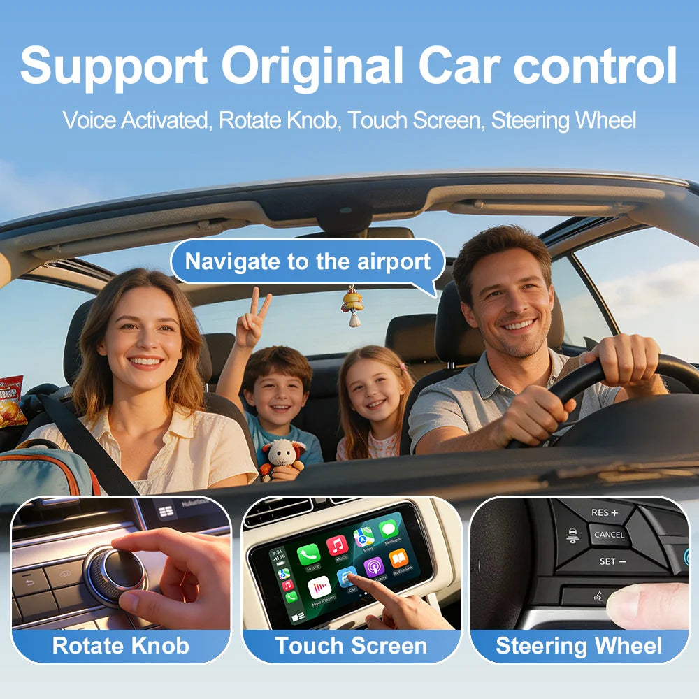 Family riding in a car using wireless CarPlay voice control and touchscreen features