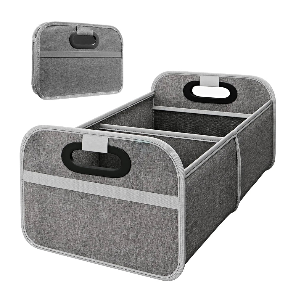 Grey foldable SUV trunk organiser with reinforced compartments and padded carry handles
