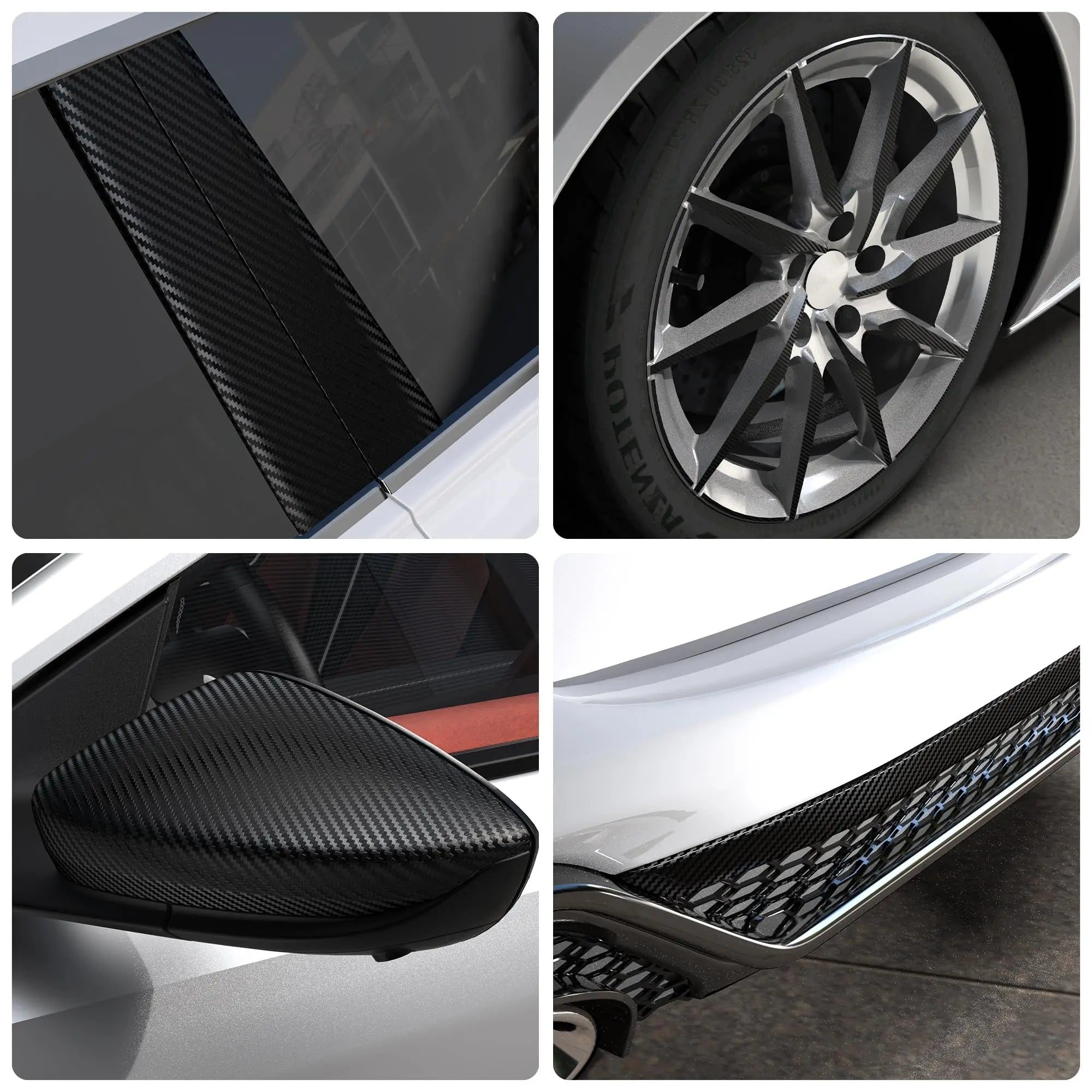 Four-panel collage showing black carbon fibre wrap tape applied to a car's door sill, alloy wheel, wing mirror and side skirt.