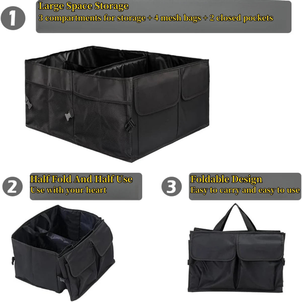 Car boot organiser showing large storage compartments, mesh side pockets and compact foldable carry design
