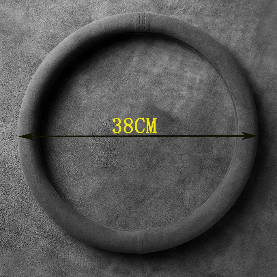 Round Steering Wheel Cover and Non-Slip Suede Grip Cover with a 38 cm diameter measurement guide overlaid on the product photo.