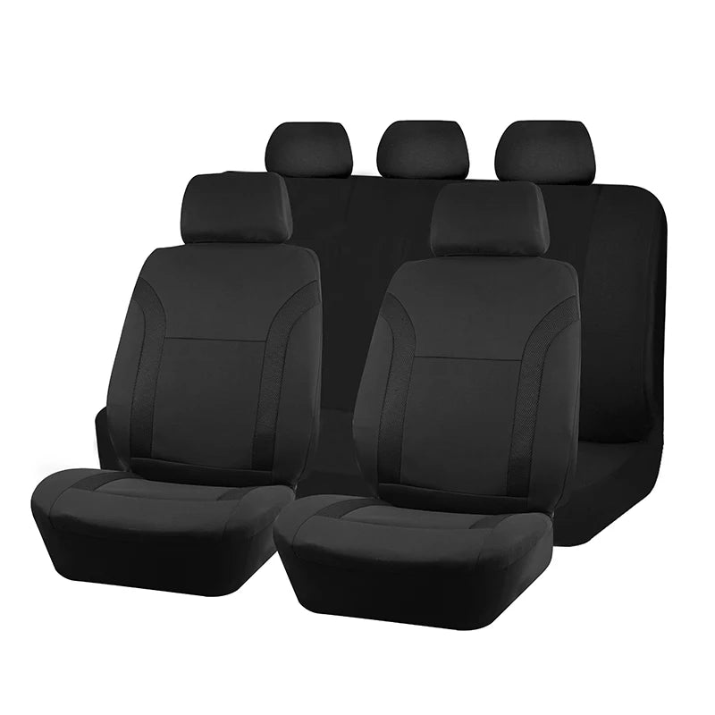 Black Breathable Mesh Seat Cover shown as complete front and rear bench seat cover set with matching headrest covers on white background