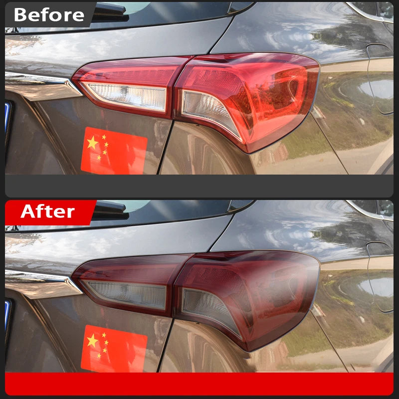 Before-and-after comparison of a car tail-light without and with the headlight PPF wrap film applied in a red tint.