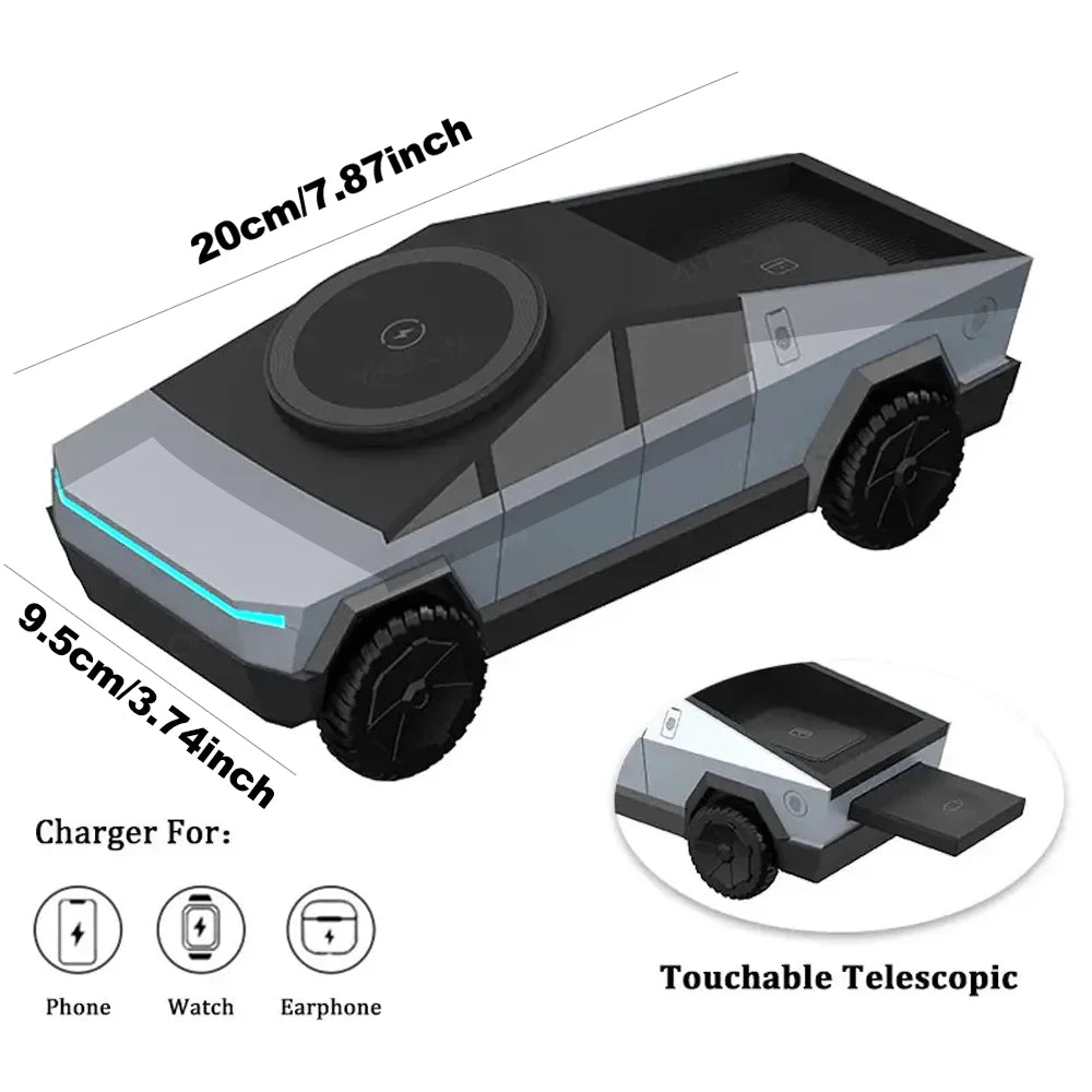 Magnetic Wireless Car Charger dimensions diagram showing 20cm length and 9.5cm width with a touchable telescopic earbuds tray