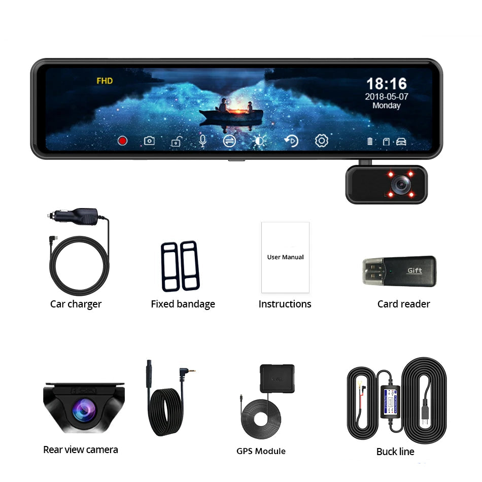 Triple-Lens Mirror Dash Cam package contents with rear camera, GPS module, car charger, hardwire kit, card reader and straps