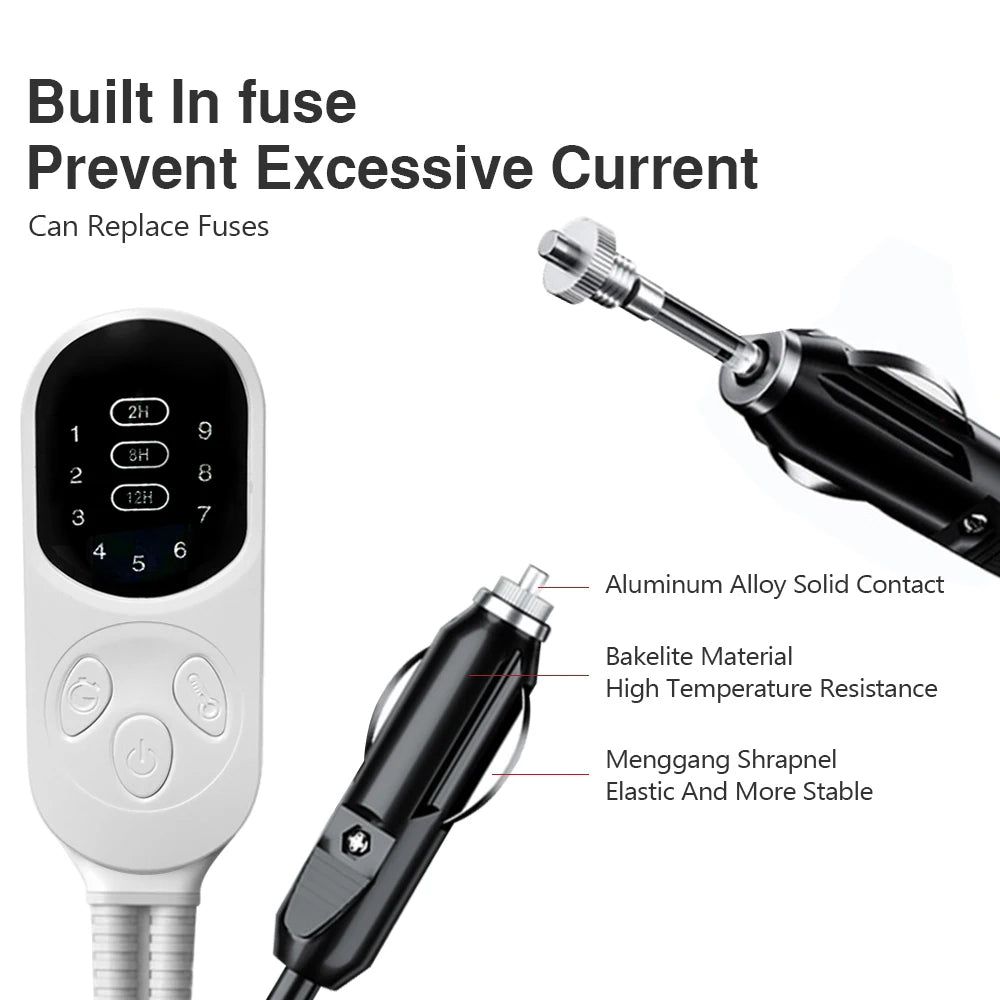 Close-up of the Heated Travel Car Blanket's controller and 12V car plug, showing its built-in fuse that prevents excessive current
