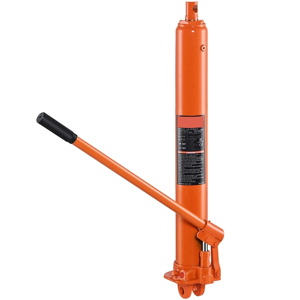 Hydraulic Long Ram Jack in orange with pump handle on a white background