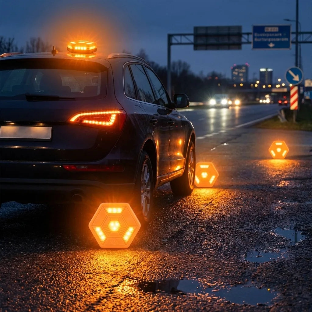 Rechargeable LED Road Flares glowing on a wet road at night behind a car with city lights in the background