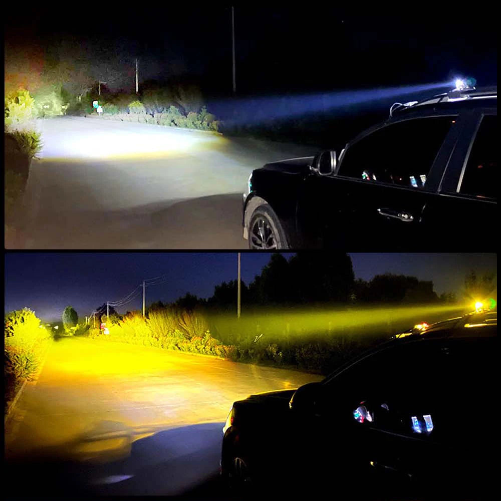 Compact LED Work Lights mounted on a vehicle at night, comparing white and amber beams lighting a dirt road