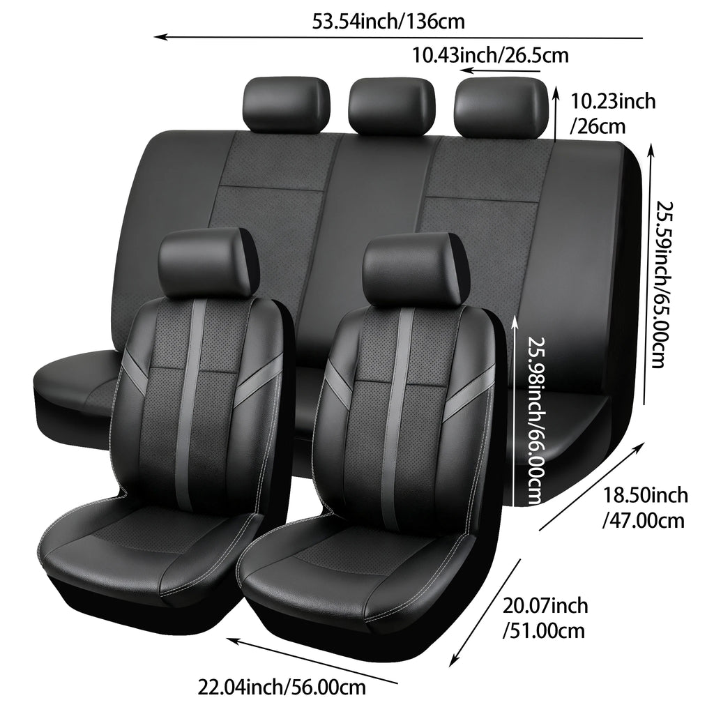 Faux Leather Seat Cover Set dimensions: rear bench 136 cm wide and front seat covers 66 cm tall