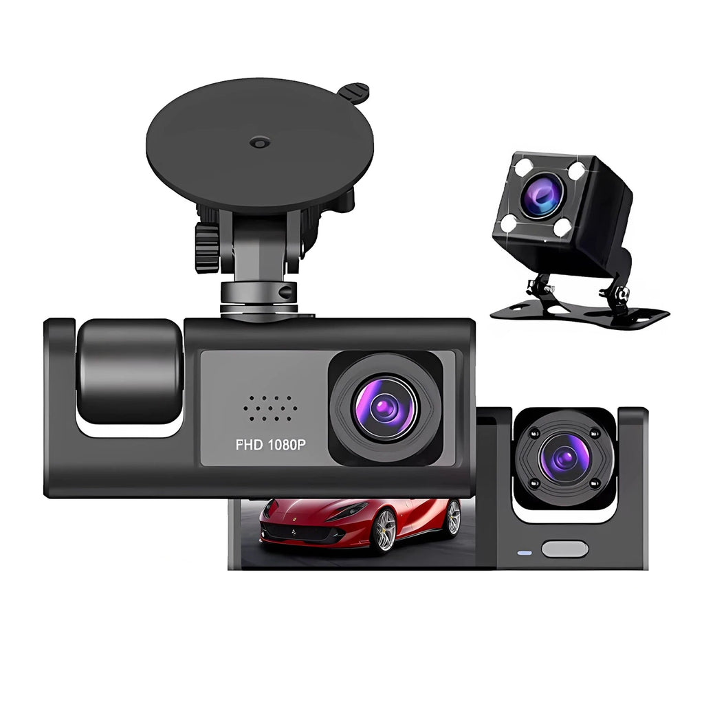WiFi 3-Lens Dash Cam main recorder unit with front camera and rear camera on a plain background