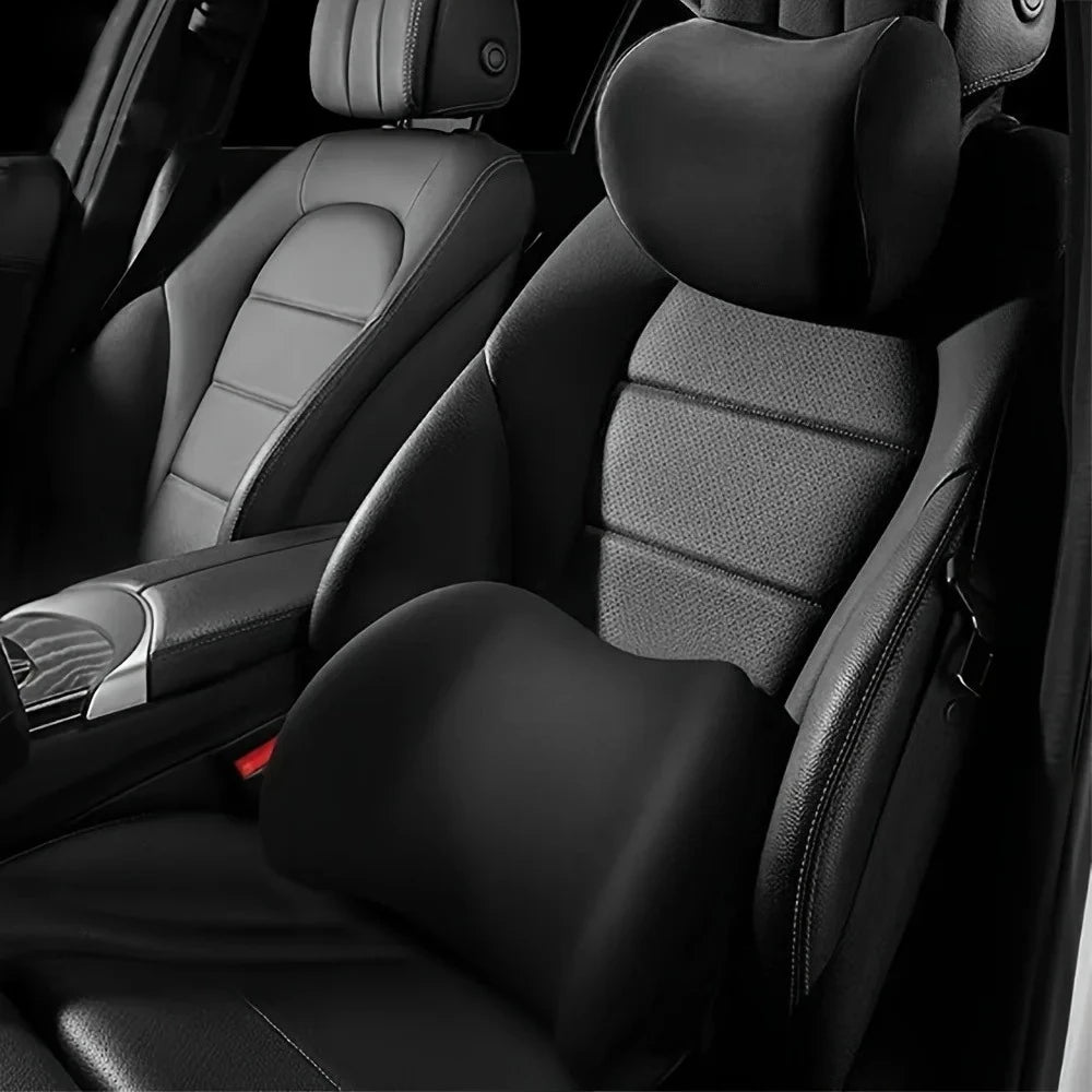 Memory Foam Car Headrest Neck Pillow and Lumbar Support Cushion installed on a black leather car seat for ergonomic neck and back support